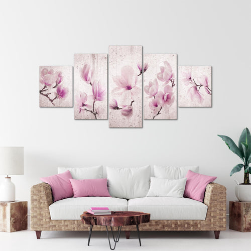 Runa Art Wandbilder Blumen Magnolien 5 Teilig Bild auf Vlies Leinwand Deko Wohnzimmer Abstrakt Grau Rosa 007752b