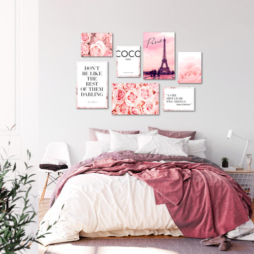 Novart Wandbilder Blumen Coco - KOMPLETT AUFHÄNGFERTIG - Beauty Rosa Zitate Mädchenzimmer Teenager - 7 Moderne Mood-Bilder - N016171a