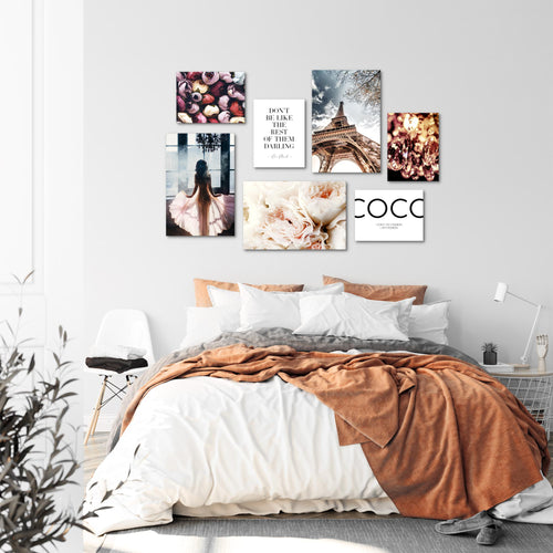 Novart Wandbilder Fashion Paris - KOMPLETT AUFHÄNGFERTIG - Coco Wohnzimmer Mädchen Teenager - 7 Moderne Mood-Bilder - N008271a