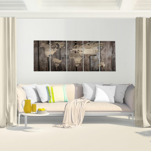 Runa Art Wandbild Weltkarte 1 Teilig 100 x 40 cm Modern Bild auf Vlies Leinwand Holzwand Büro Wohnzimmer Schwarz Weiss 035012c