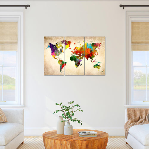 Runa Art Wandbilder Weltkarte Bild XXL Büro Wohnzimmer Bunt Kontinente Landkarte 120 x 80 cm 3 Teilig 105131a