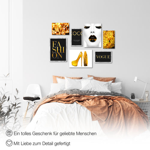 Novart Wandbilder Fashion - KOMPLETT AUFHÄNGFERTIG - Schwarz Weiss Wohnzimmer Mädchen Teenager - 7 Moderne Mood-Bilder - N002271b