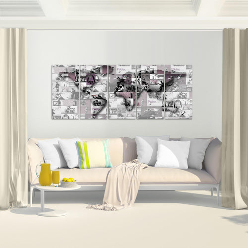 Runa Art Wandbild XXL Weltkarte Banksy Collage Loft Wohnzimmer 200 x 80 cm Grau 5 Teilig - Made in Germany - 104555c