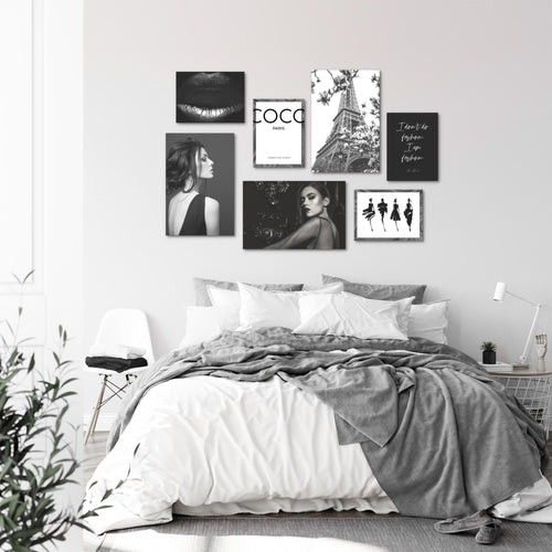 Novart Wandbilder Fashion - KOMPLETT AUFHÄNGFERTIG - Schwarz Weiss Wohnzimmer Mädchen Teenager - 7 Moderne Mood-Bilder - N000871a