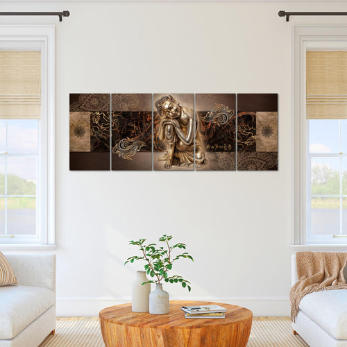 Runa Art Wandbild XXL Buddha Zen Wohnzimmer Schlafzimmer 200 x 80 cm Gold 5 Teilig - Made in Germany - 041355a