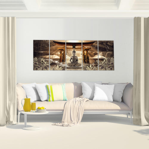 Runa Art Wandbild XXL Feng Shui Buddha Wohnzimmer Schlafzimmer 200 x 80 cm Grün Braun 5 Teilig - Made in Germany - 036455a