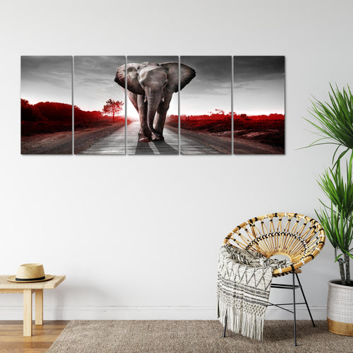 Runa Art Wandbild XXL Afrika Elefant Wohnzimmer Schlafzimmer 200 x 80 cm Rot Grau 5 Teilig - Made in Germany - 042655b