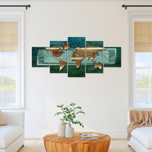 Runa Art Bild Büro Wohnzimmer Weltkarte 5 Teilig Kontinente Metall Blau Wandbilder auf Vlies Leinwand 106753c