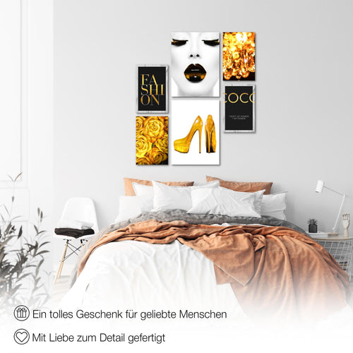 Novart Wandbilder Set Fashion Schwarz Weiss - KEIN EXTRA RAHMEN BENÖTIGT -  Modern Deko  - Wohnzimmer Mädchen Teenager N002263a