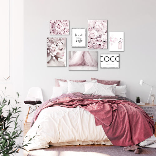 Novart Wandbilder Coco Fashion - KOMPLETT AUFHÄNGFERTIG - Grau Rosa Wohnzimmer Mädchen Teenager - 7 Moderne Mood-Bilder - N000771a