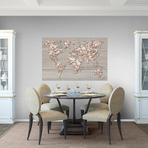 Runa Art Wandbilder Weltkarte Blumen Bild XXL Wohnzimmer Schlafzimmer Beige Braun Holzwand 120 x 80 cm 3 Teilig 023231c