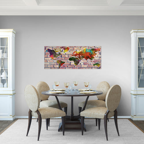 Runa Art Wandbild Weltkarte 1 Teilig 100 x 40 cm Modern Bild auf Vlies Leinwand Steinoptik Ziegel Büro Wohnzimmer Bunt 106912a