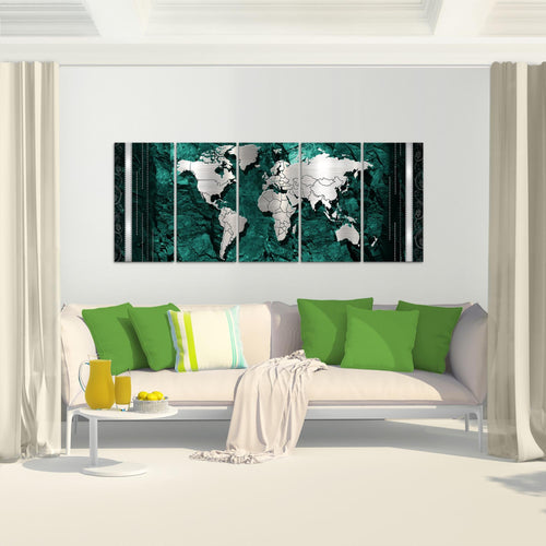 Runa Art Wandbild XXL Weltkarte Büro Wohnzimmer 200 x 80 cm Blau 5 Teilig - Made in Germany - 107355b