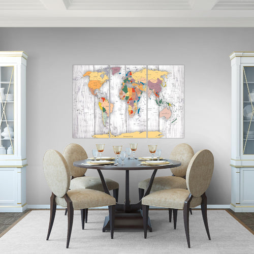 Runa Art Wandbilder Weltkarte Holz Bild XXL Büro Wohnzimmer Weiss Landkarte 120 x 80 cm 3 Teilig 108731b