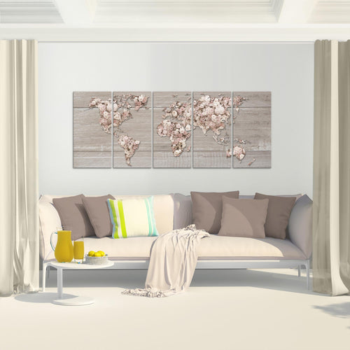 Runa Art Bild Weltkarte Blumen Wandbilder auf Vlies Leinwand 5 Teilig Wanddekoration Wohnzimmer Schlafzimmer 023256c