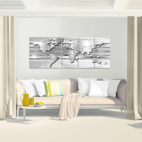 Runa Art Wandbild XXL Weltkarte Büro Wohnzimmer 200 x 80 cm Grau 5 Teilig - Made in Germany - 107955c