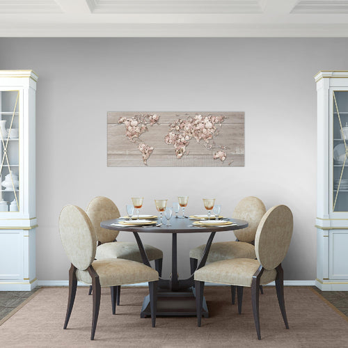 Runa Art Wandbild Weltkarte Blumen 1 Teilig 100 x 40 cm Modern Bild auf Vlies Leinwand Vintage Wohnzimmer Grau Rosa 023212b