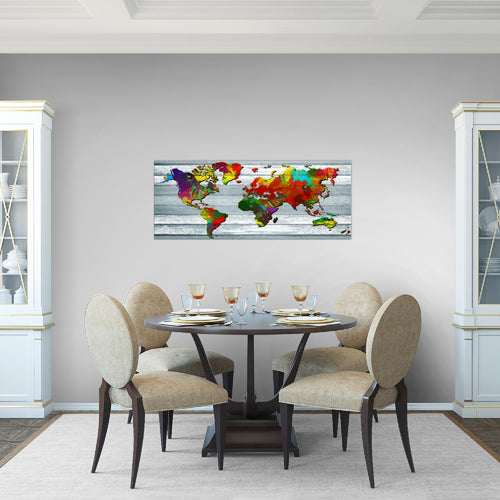 Runa Art Wandbild Weltkarte 1 Teilig 100 x 40 cm Modern Bild auf Vlies Leinwand Vintage Holz Büro Wohnzimmer Bunt 105412a