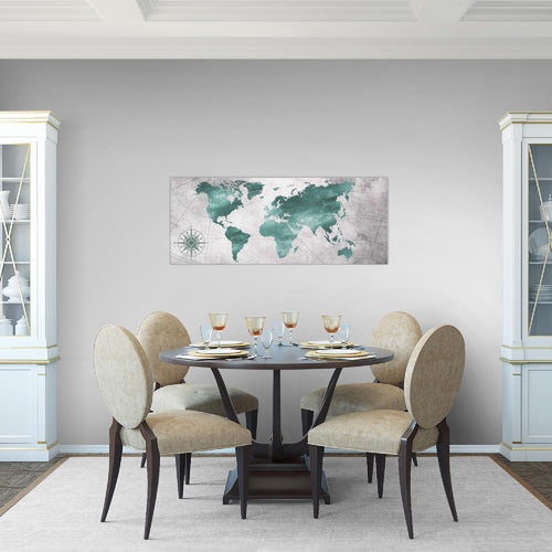Runa Art Wandbild Weltkarte 1 Teilig 100 x 40 cm Modern Bild auf Vlies Leinwand Vintage Büro Wohnzimmer Grün Grau 026012c