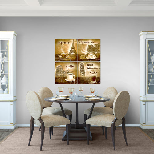 Runa Art Bilder Küche Kaffee 4 Teilig Bild auf Vlies Leinwand Esszimmer Küchenbilder 60 x 60 cm Collage Braun 500744a