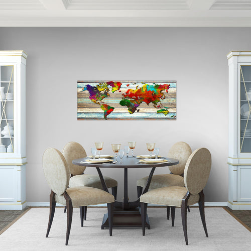 Runa Art Wandbild Weltkarte 1 Teilig 100 x 40 cm Modern Bild auf Vlies Leinwand Vintage Holz Büro Wohnzimmer Bunt 105412a
