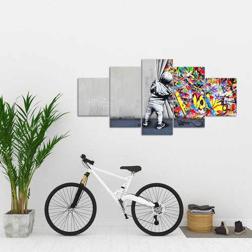 Runa Art Wandbilder Boy Behind the curtain 5 Teilig Bild auf Vlies Leinwand Deko Loft Wohnzimmer Streetart Graffiti Bunt 043552a