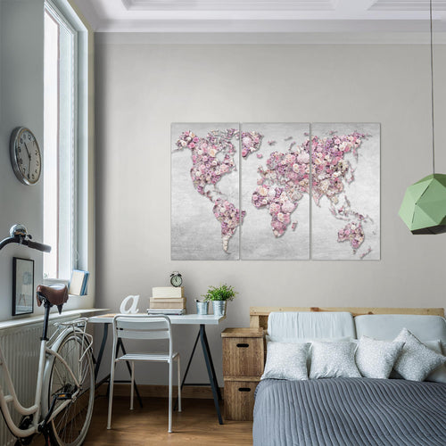 Runa Art Wandbilder Weltkarte Blumen Bild XXL Wohnzimmer Schlafzimmer Grau Rosa Vintage 120 x 80 cm 3 Teilig 023231b