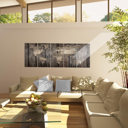 Runa Art Wandbild Weltkarte 1 Teilig 100 x 40 cm Modern Bild auf Vlies Leinwand Holzoptik Büro Wohnzimmer Beige Braun 035012b