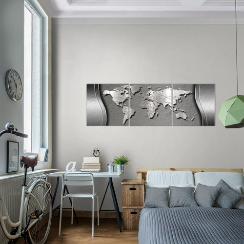 Runa Art - Bilder Weltkarte 120 x 40 cm 3 Teilig Wandbild auf Vlies Leinwand Grau Mehrteilig Modern 107233c