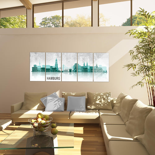 Runa Art Wandbild Hamburg 1 Teilig 100 x 40 cm Modern Bild auf Vlies Leinwand Abstrakt Wohnzimmer Schlafzimmer Türkis Grau 035912b
