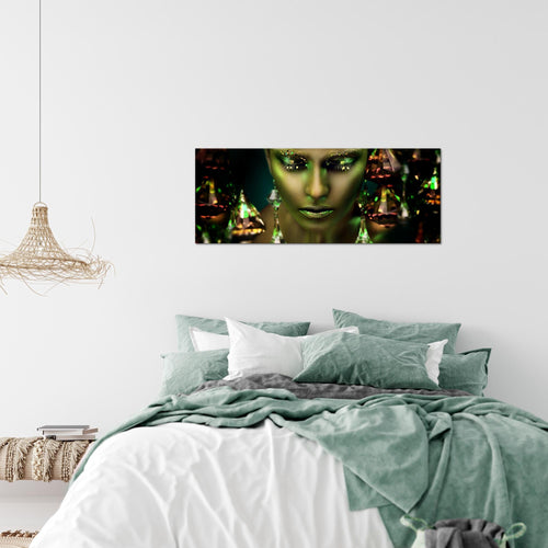 Runa Art Wandbild Frau Gesicht Lippen 100 x 40 cm Modern Bild auf Vlies Leinwand Kosmetik Fashion Wohnzimmer Schlafzimmer Türkis Gold 042112a