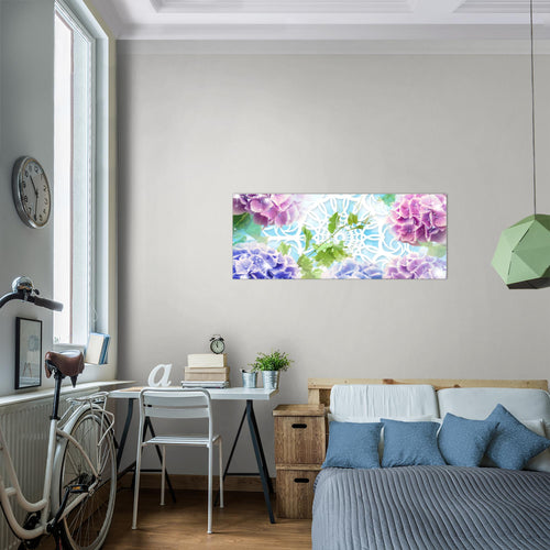 Runa Art Wandbild Blumen Hortensien 1 Teilig 100 x 40 cm Modern Bild auf Vlies Leinwand Mandala Wohnzimmer Bunt 017512b