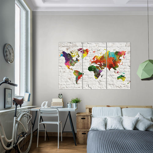Runa Art Wandbilder Weltkarte Bild XXL Büro Wohnzimmer Grau Bunt Steinwand 120 x 80 cm 3 Teilig 106931b