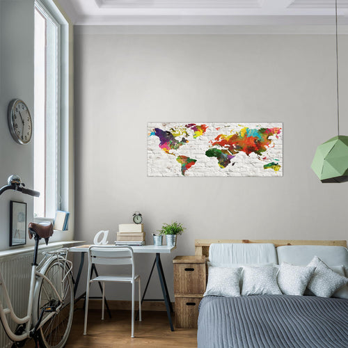 Runa Art Wandbild Weltkarte 1 Teilig 100 x 40 cm Modern Bild auf Vlies Leinwand Steinwand Büro Wohnzimmer Grau Bunt 106912b
