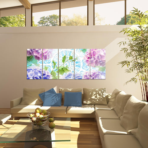 Runa Art Wandbild XXL Blumen Hortensien Wohnzimmer Schlafzimmer 200 x 80 cm Bunt 5 Teilig - Made in Germany - 017555a