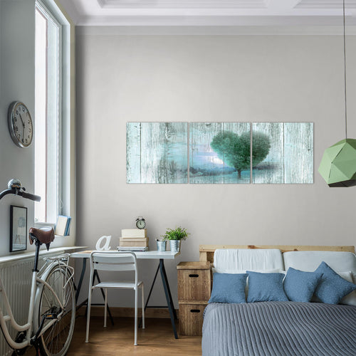 Runa Art Bilder Herbst Vintage 3 Teilig Bild auf Vlies Leinwand Deko Wohnzimmer Schlafzimmer 90 x 30 cm Baum Herz Türkis 606534b