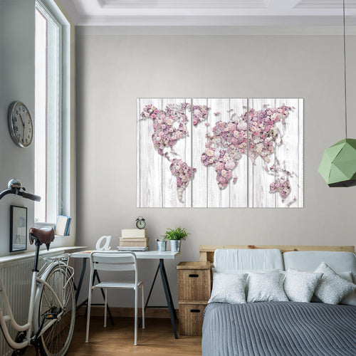 Runa Art Wandbilder Weltkarte Blumen Bild XXL Wohnzimmer Schlafzimmer Grau Rosa Vintage 120 x 80 cm 3 Teilig 023231b