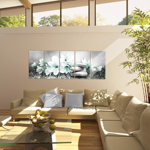 Runa Art Wandbild Blumen Magnolien 1 Teilig 100 x 40 cm Modern Bild auf Vlies Leinwand Abstrakt Wohnzimmer Grau Türkis 035412b