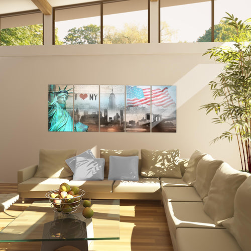 Runa Art Wandbild New York City 1 Teilig 100 x 40 cm Modern Bild auf Vlies Leinwand Freiheitsstatue Wohnzimmer Büro Türkis Braun 034212c
