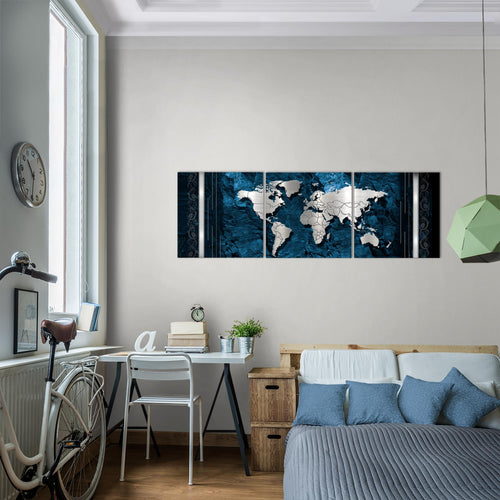 Runa Art - Bilder Weltkarte 120 x 40 cm 3 Teilig Wandbild auf Vlies Leinwand Blau Mehrteilig Modern 107333b