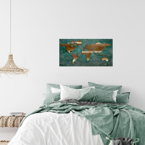 Runa Art Bild Weltkarte Modern Wandbilder Wohnzimmer Büro 1 Teilig - Made In Germany - Vintage Grün Silber Flur 109015c