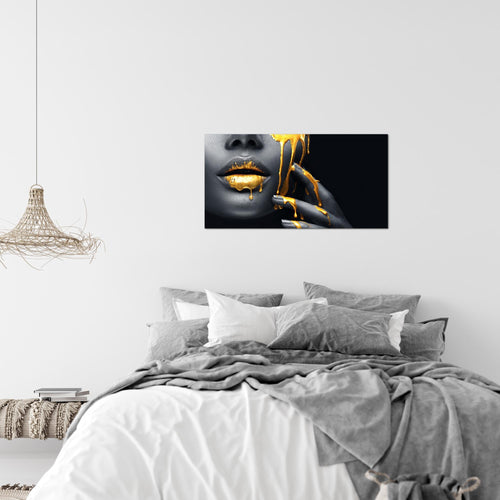 Runa Art Bild Lippen Gold Schwarz Modern Wandbilder Wohnzimmer Schlafzimmer 1 Teilig - Made In Germany - Kosmetik Fashion Frau Flur 041515a