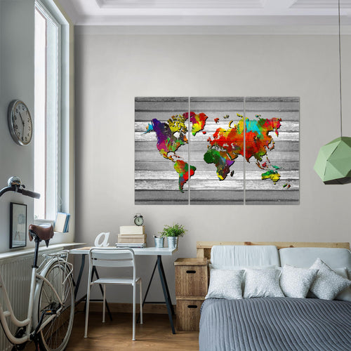 Runa Art Wandbilder Weltkarte Bild XXL Büro Wohnzimmer Bunt Kontinente Holz 120 x 80 cm 3 Teilig 105431b