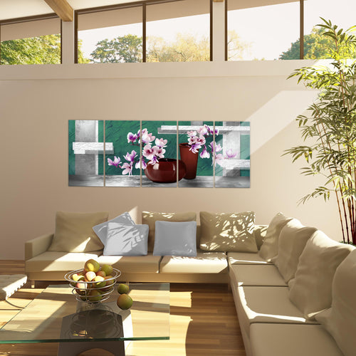 Runa Art Wandbild Blumen Abstrakt 1 Teilig 100 x 40 cm Modern Bild auf Vlies Leinwand Blumenvase Wohnzimmer Grau Rot 035212a