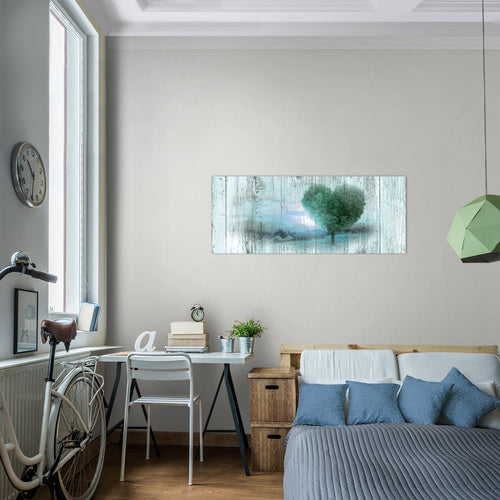 Runa Art Wandbild Herbst Vintage 1 Teilig 100 x 40 cm Modern Bild auf Vlies Leinwand Baum Herz Wohnzimmer Schlafzimmer Türkis 606512b