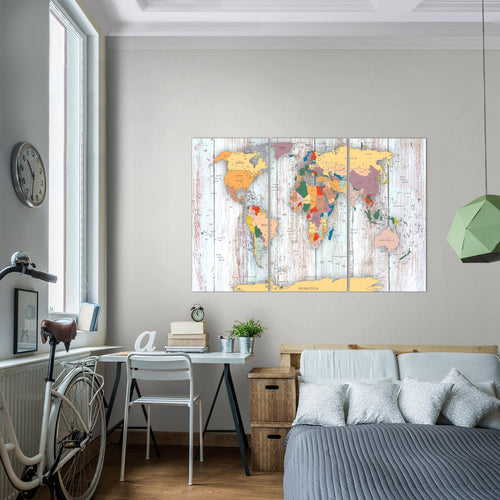 Runa Art Wandbilder Weltkarte Holz Bild XXL Büro Wohnzimmer Weiss Kontinente 120 x 80 cm 3 Teilig 108731c