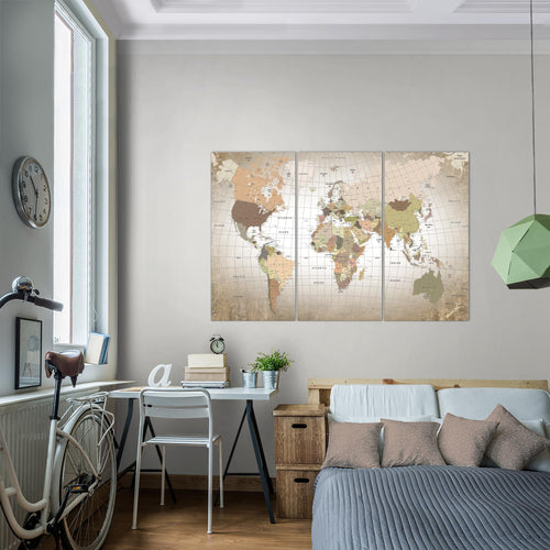 Runa Art Wandbilder Weltkarte Bild XXL Büro Wohnzimmer Beige Kontinente 120 x 80 cm 3 Teilig 023331b