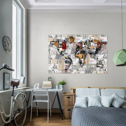 Runa Art Bild Weltkarte Banksy Collage Modern Wandbilder Wohnzimmer Büro 1 Teilig - Made In Germany - Pop Art Grau Flur 104515c