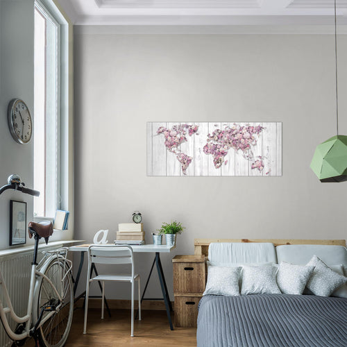 Runa Art Wandbild Weltkarte Blumen 1 Teilig 100 x 40 cm Modern Bild auf Vlies Leinwand Vintage Wohnzimmer Grau Rosa 023212b
