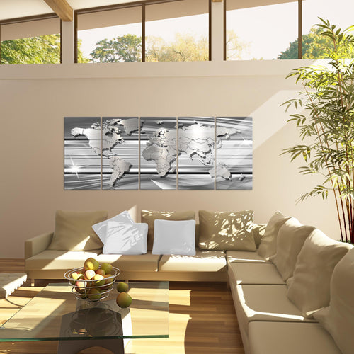 Runa Art Wandbild XXL Weltkarte Büro Wohnzimmer 200 x 80 cm Grau 5 Teilig - Made in Germany - 107955b